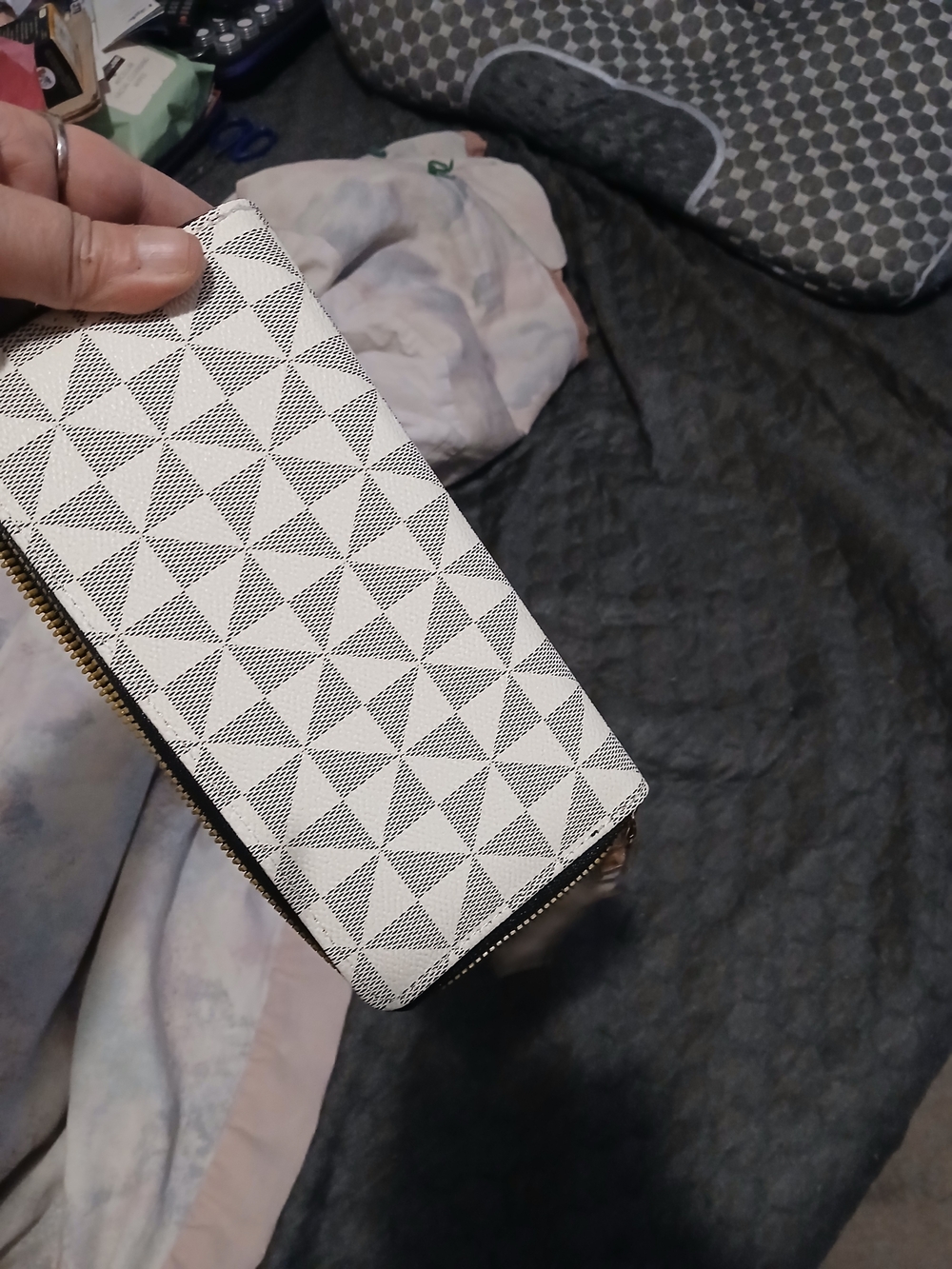 White Geometric Zip-Around Women's Wallet